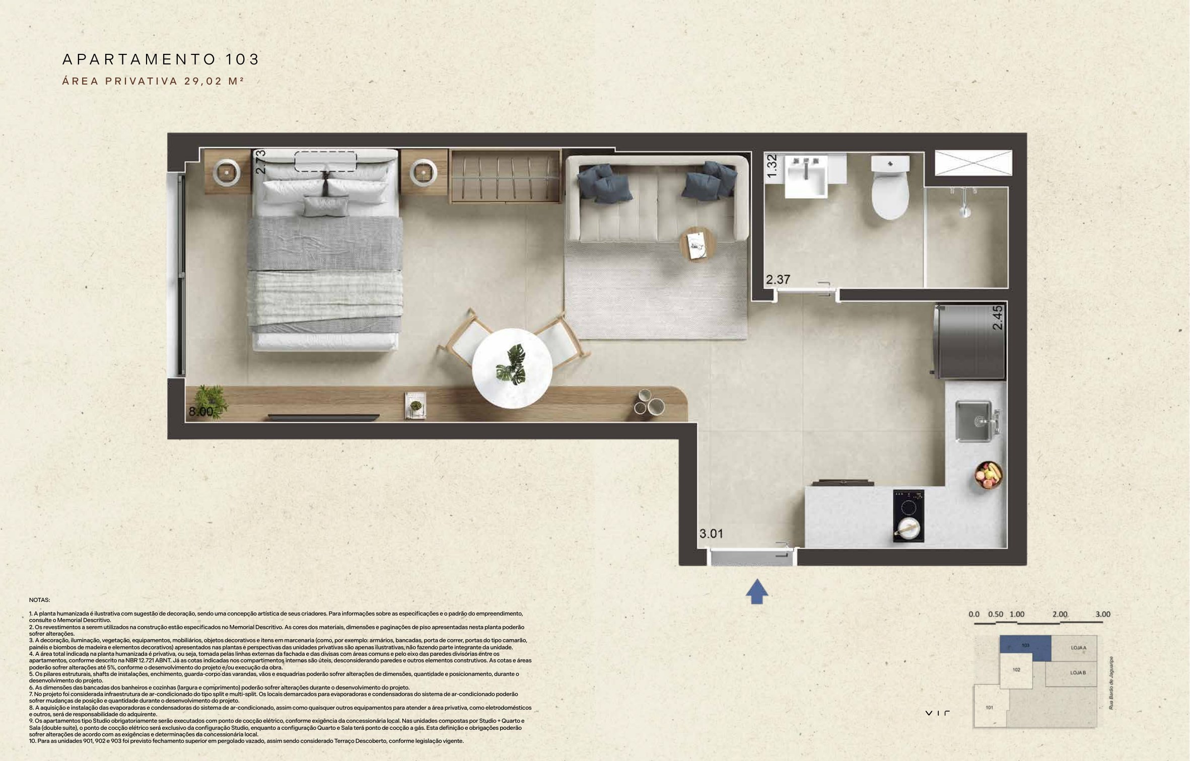 Planta ilustrativa: Studio 103, 29,02 m² privativos. Cozinha aberta para espaço integrado de dormir, estar e refeições, com banheiro separado.