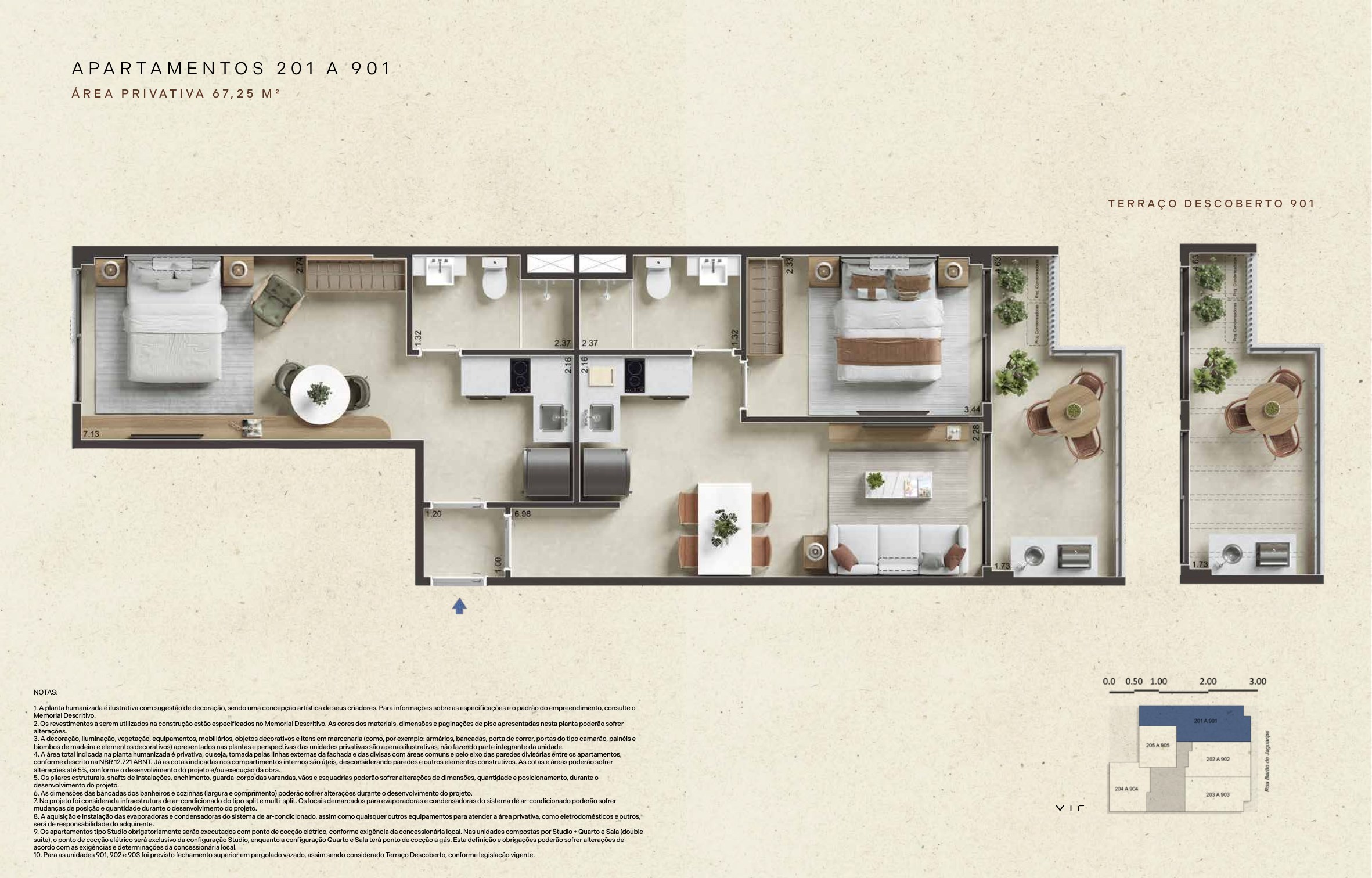 Planta ilustrativa: Apartamentos 201 a 901, 67,25 m² privativos. A planta combina um studio com cozinha e banheiro e uma área de quarto e sala com segunda cozinha e segundo banheiro. A página apresenta também um detalhe do terraço descoberto da unidade 901.