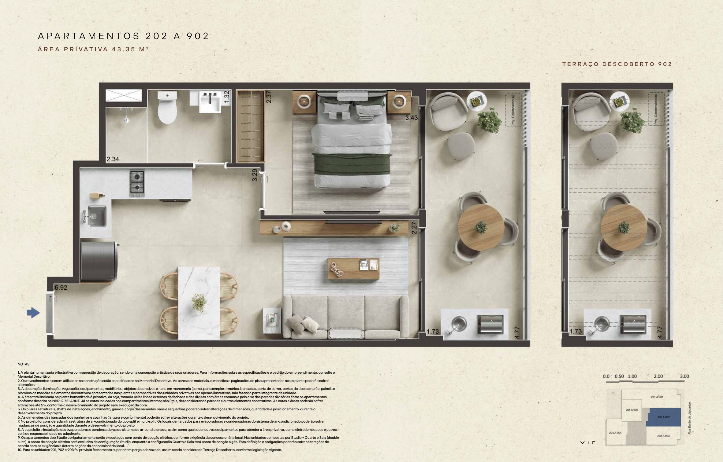 Planta ilustrativa: Apartamentos 202 a 902, 43,35 m² privativos. Sala com cozinha aberta e espaço de refeições, dormitório separado e banheiro. A página apresenta também um detalhe do terraço descoberto da unidade 902.