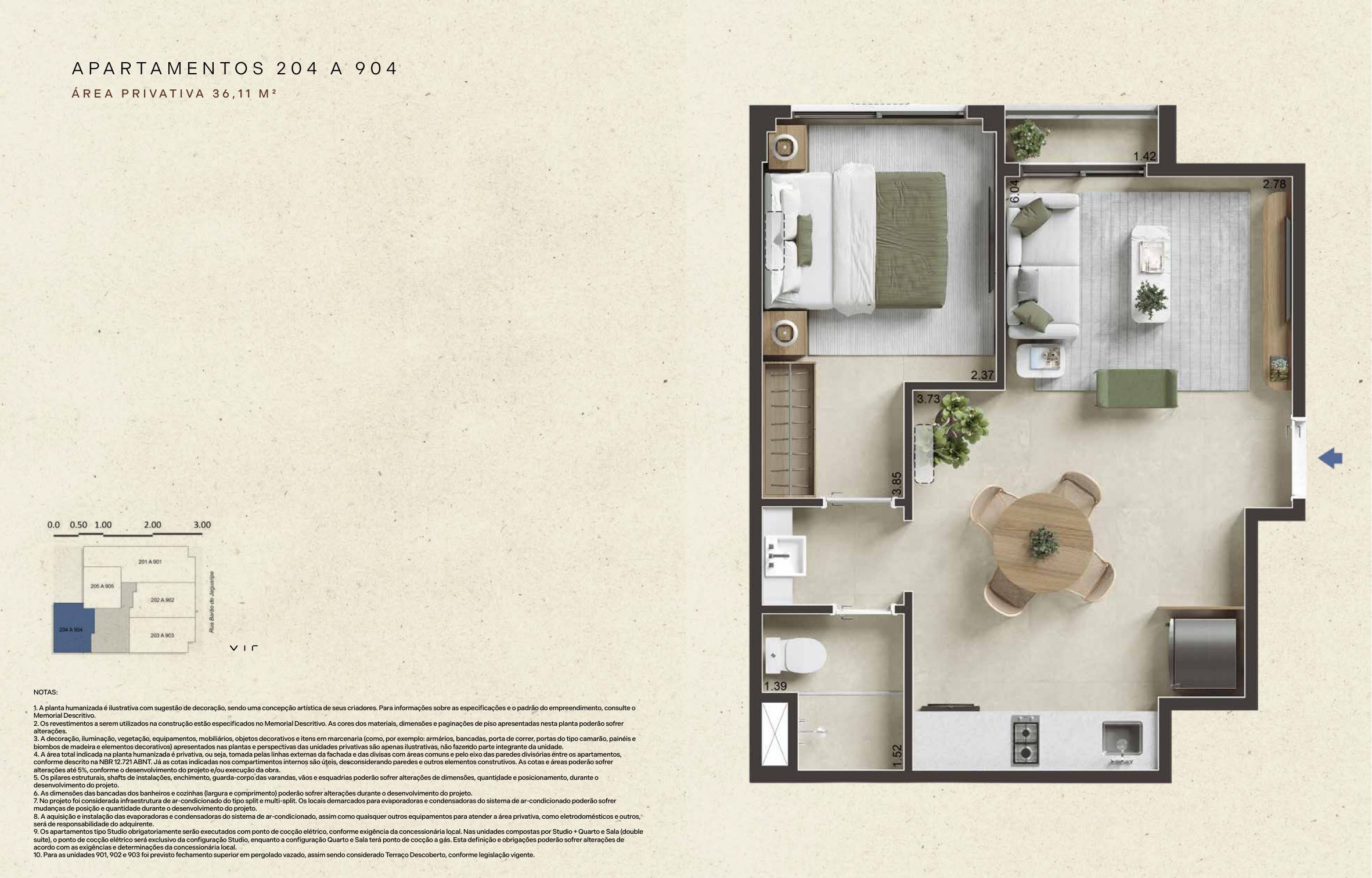 Planta ilustrativa: Apartamentos 204 a 904, 36,11 m² privativos. Sala e cozinha abertas, dormitório separado, banheiro e pequena área externa junto à sala.