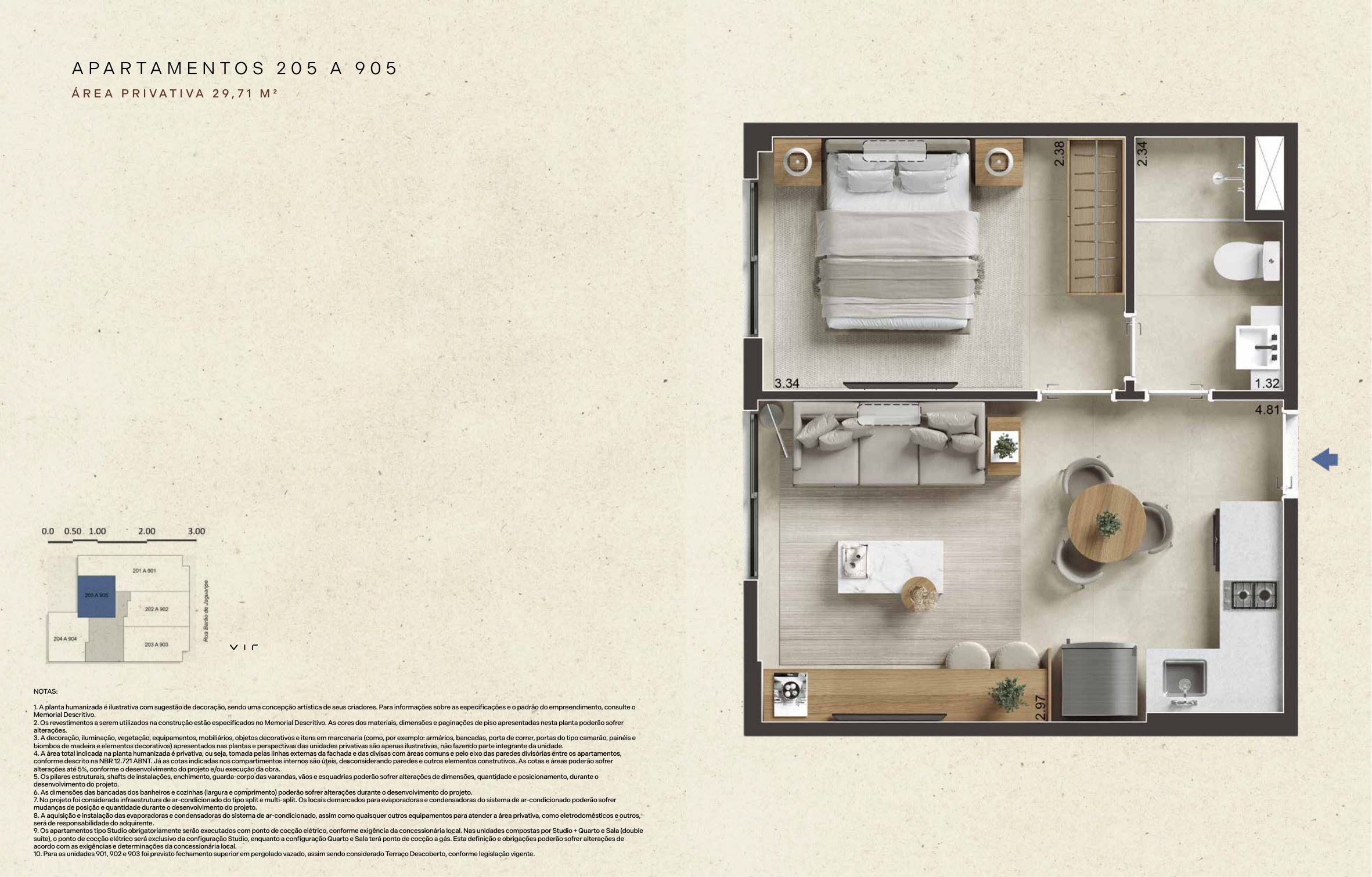 Planta ilustrativa: Apartamentos 205 a 905, 29,71 m² privativos. Sala com cozinha aberta e mesa sugerida para refeições, dormitório separado e banheiro.